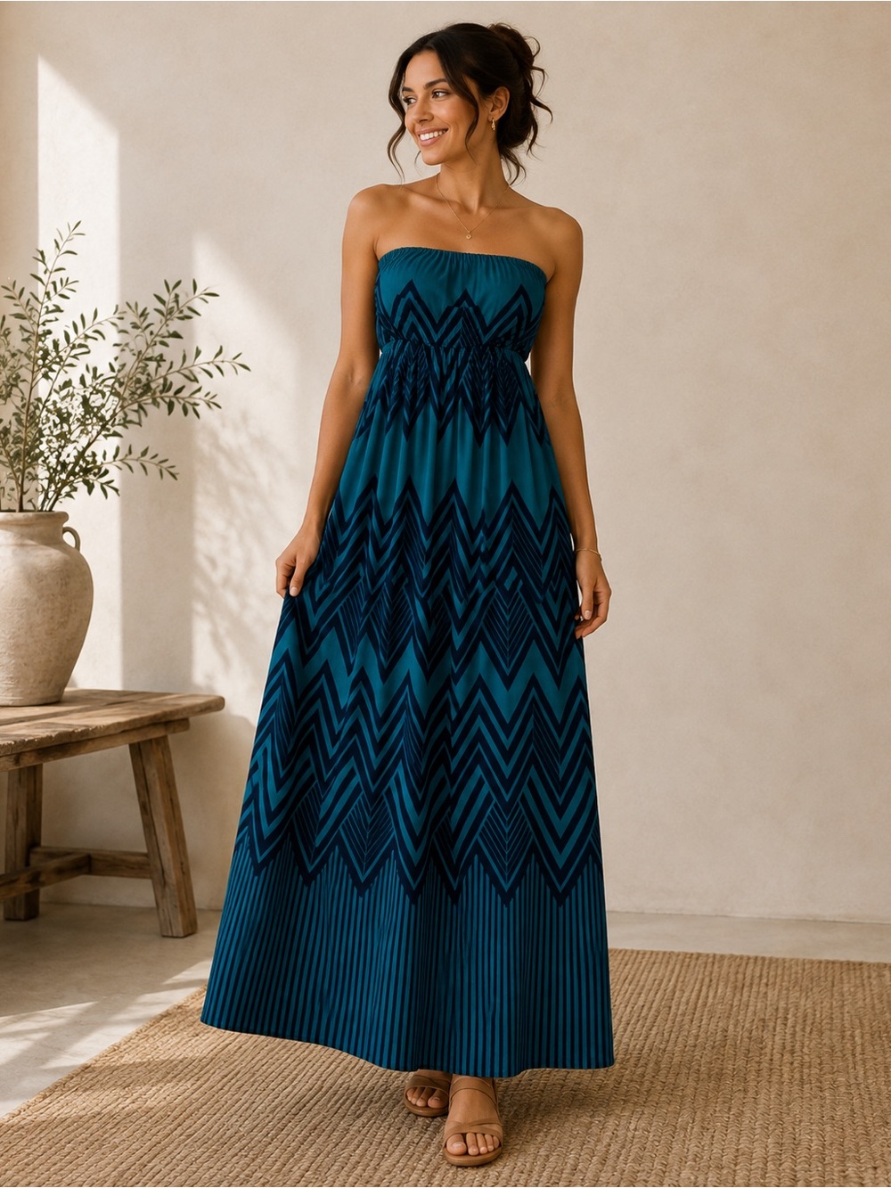 Trixxi Teal and Navy Strapless Chevron Maxi Dress